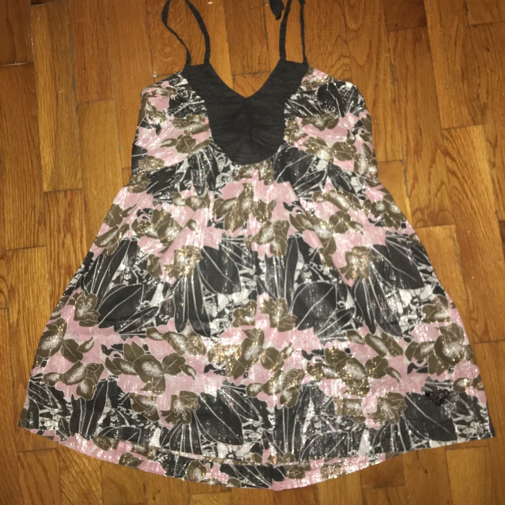 Roxy halter top, grey, pink, gold glitter, size M